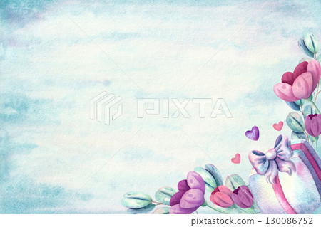 Horizontal template for a postcard or design with flowers and a gift on a blue watercolor background in pastel shades Horizontal template for a postcard or design with flowers and a gift on a blue watercolor background in pastel shades 130086752