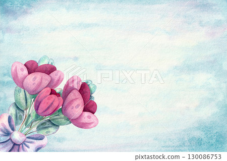Horizontal template for a postcard or design with a flower bouquet on a blue watercolor background in pastel shades Horizontal template for a postcard or design with a flower bouquet on a blue watercolor background in pastel shades 130086753