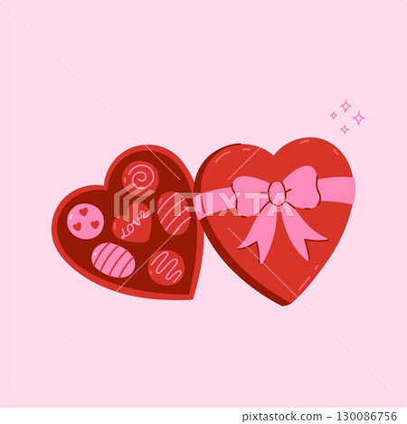 Red heart shaped box of chocolates. Vector graphics. 130086756