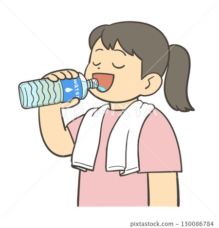女孩用塑料瓶喝水 130086784