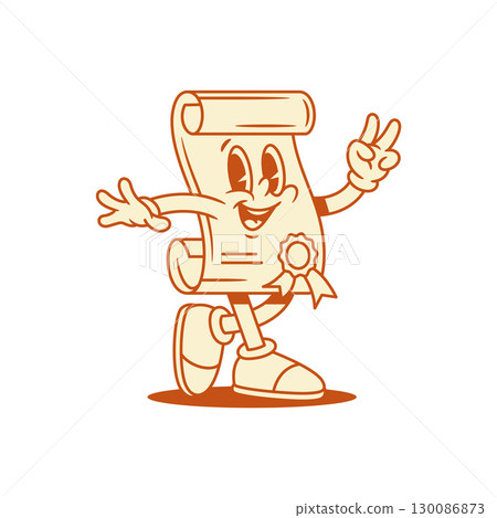 Funky scroll diploma cartoon character peace gesture contoured vector flat illustration 130086873