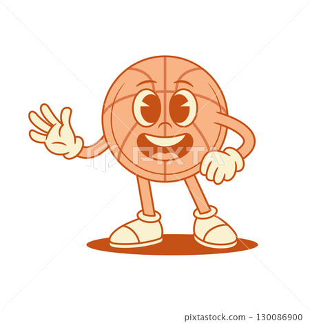 Cheerful basketball ball cartoon character greeting waving hand contoured vector flat Cheerful basketball ball cartoon character greeting waving hand contoured vector flat 130086900