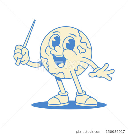Comic globe Earth cartoon character with education stick pointer contoured vector flat Comic globe Earth cartoon character with education stick pointer contoured vector flat 130086917