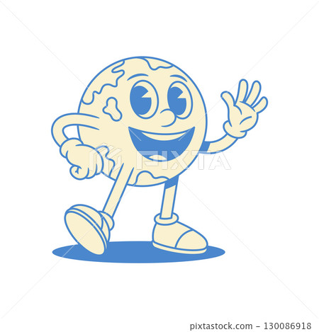 Cheerful funny global Earth cartoon character greeting hi contoured vector flat illustration 130086918