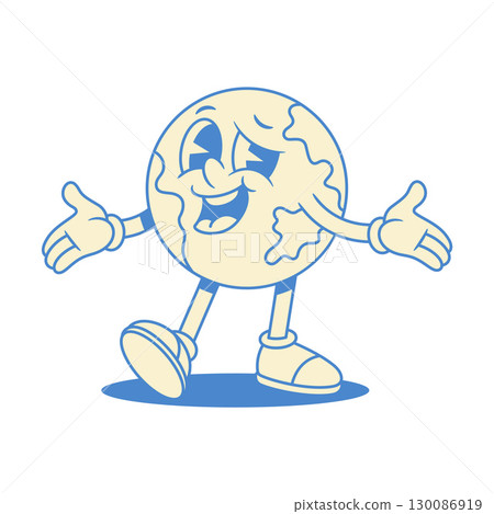 Cheerful comic globe Earth cartoon character welcome contoured vector flat illustration Cheerful comic globe Earth cartoon character welcome contoured vector flat illustration 130086919