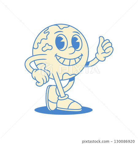 Comic globe Earth planet cartoon character walking smile contoured vector flat illustration Comic globe Earth planet cartoon character walking smile contoured vector flat illustration 130086920