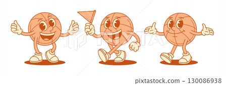 Comic basketball ball cartoon character mascot set contoured vector flat illustration 130086938
