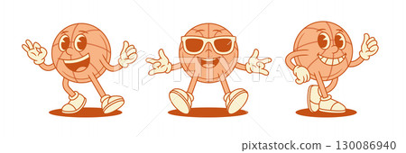Cheerful cute basketball ball cartoon character mascot set contoured vector flat illustration 130086940