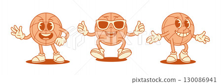 Cool smiling basketball ball cartoon character personage set contoured vector flat 130086941