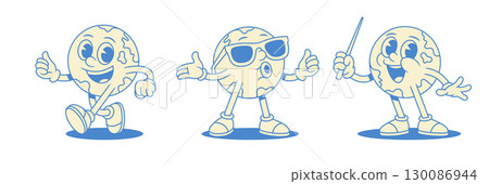Funny globe Earth planet cartoon character education set contoured vector flat illustration Funny globe Earth planet cartoon character education set contoured vector flat illustration 130086944