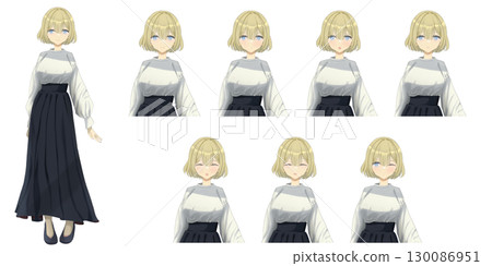 可愛的短髮金髮女孩站立插畫 - 動漫風格人物素材 130086951