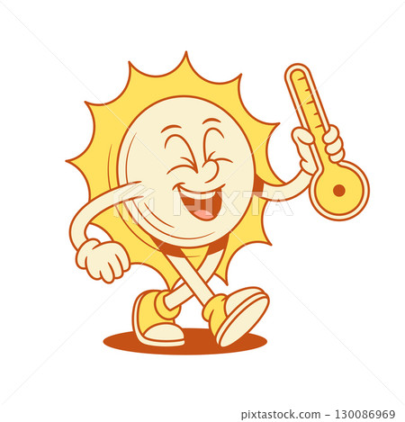 Smiling yellow sun cartoon character with key contoured vector flat illustration Smiling yellow sun cartoon character with key contoured vector flat illustration 130086969