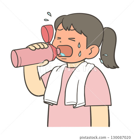 A girl drinking water from a water bottle 130087020