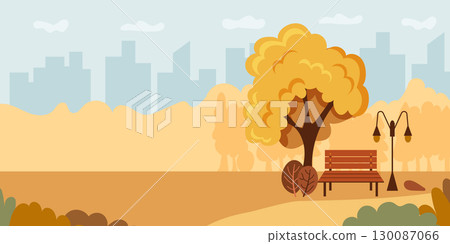 A picturesque Autumn Park Scene featuring a serene bench and a stunning city skyline 130087066