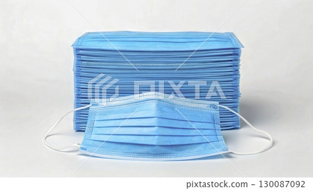 Blue surgical masks stacked and one mask placed in front on white background 130087092