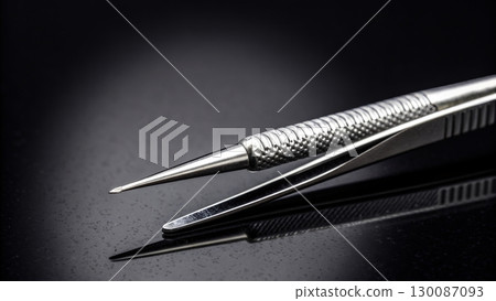 Precision tool crafted from stainless steel resting on a reflective surface under soft lighting Precision tool crafted from stainless steel resting on a reflective surface under soft lighting 130087093