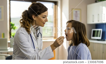 Child receives a check-up from a doctor in a bright medical office during daylight hours 130087096