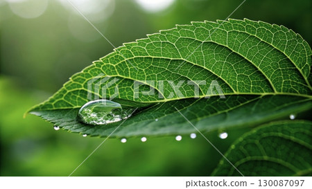 Raindrop on a lush green leaf capturing morning light in a tranquil garden setting 130087097