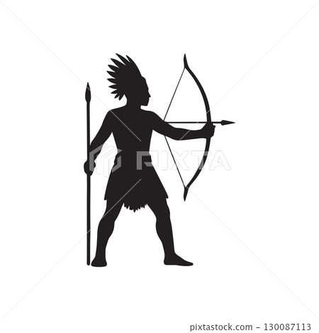 tribal warrior silhouette man holding spear and bow traditional hunting and cultural heritage concept isolated on white background 130087113
