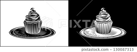 Vintage Woodcut Frosting Cupcake Cake Illustration Vintage Woodcut Frosting Cupcake Cake Illustration 130087313
