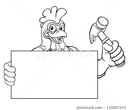 Chicken Rooster Hammer Cartoon Handyman Carpenter 130087343