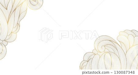 Vector abstract wave golden background, line curve design banner. Luxury glitter water, dynamic elements, japanese sea ornament, flow corners ornament. 130087348
