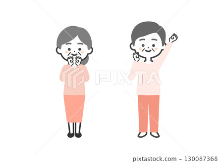 Three-headed illustration of an elderly man and woman making a fist pump Three-headed illustration of an elderly man and woman making a fist pump 130087368