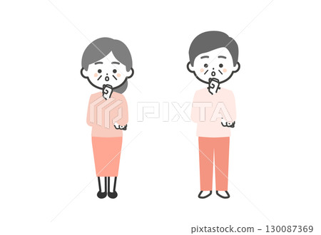 Three-headed illustration of an elderly man and woman holding their fist to their chin 130087369
