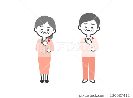 Three-headed illustration of an elderly man and woman holding their chest 130087411