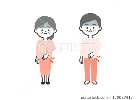 Three-headed illustration of an elderly man and woman holding their stomachs 130087412
