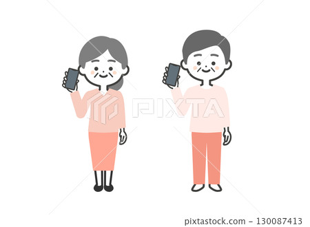 Three-headed illustration of an elderly man and woman holding a smartphone Three-headed illustration of an elderly man and woman holding a smartphone 130087413