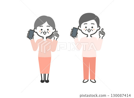 Three-headed illustration of an elderly man and woman holding a smartphone and pointing up Three-headed illustration of an elderly man and woman holding a smartphone and pointing up 130087414