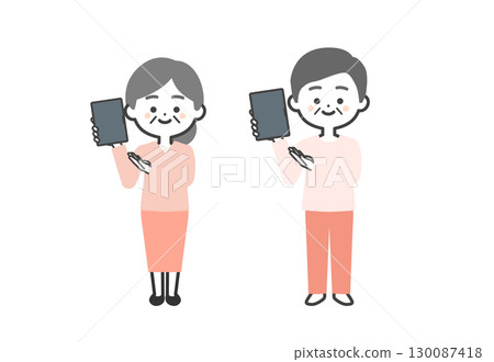 一位老年男子和一位老年婦女拿著平板電腦的三頭插圖 一位老年男子和一位老年婦女拿著平板電腦的三頭插圖 130087418