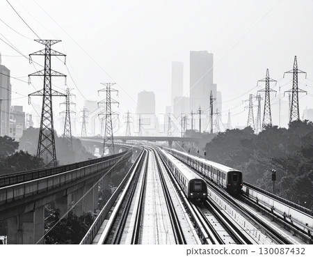 Train journey through a city landscape, with mountains visible in the background. The train is moving towards the city with high buildings 130087432