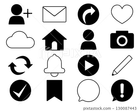 16-item set of SNS icons in monochrome 130087443