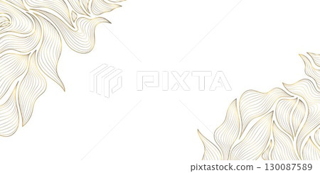 Vector line art leaves, golden plants on white background, luxury minimal summer print, floral abstract frame, branch banner. Organic boho sketch, vintage wedding design. 130087589