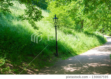 Street vintage lantern on the summer landscape. Nature background. Beautiful lamp in sunny day and park with much green trees around. Street vintage lantern on the summer landscape. Nature background. Beautiful lamp in sunny day and park with much green trees around. 130087595