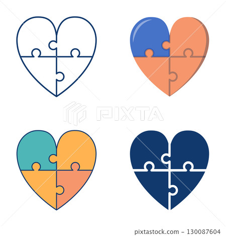 Heart jigsaw puzzle flat and line icon set Heart jigsaw puzzle flat and line icon set 130087604