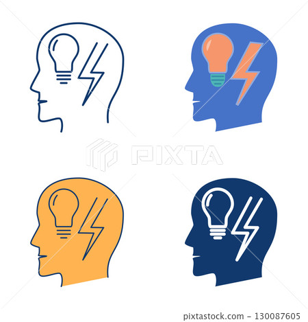 Head with lightning flat and line icon set Head with lightning flat and line icon set 130087605
