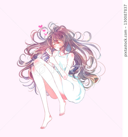 Sleeping girl smiling heart mark 130087837