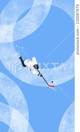 Modern composition. Ice hockey player in white jersey striking puck with red stick on rink Modern composition. Ice hockey player in white jersey striking puck with red stick on rink 130087878