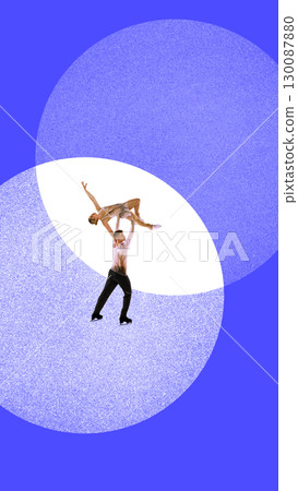 Digital collage art. Pair figure skaters performing dramatic overhead lift on icy stage 130087880