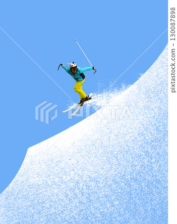 Contemporary collage. Freestyle skier jumping high with poles on snowy slope background 130087898