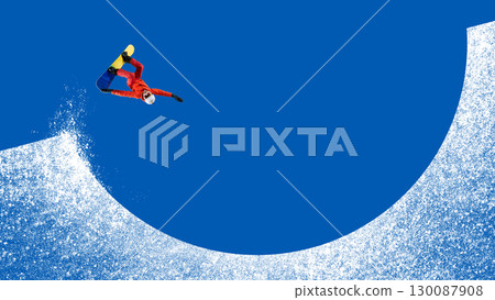 Snowboarder upside down trick in colorful collage with snow curve Snowboarder upside down trick in colorful collage with snow curve 130087908