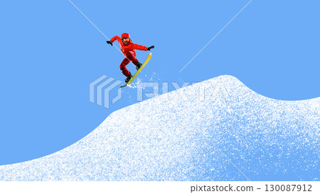Snowboarder jumping on snowy slope in dynamic creative collage 130087912
