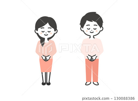 3-headed illustration of a man and woman bowing 3-headed illustration of a man and woman bowing 130088386