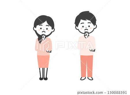 A three-dimensional illustration of a man and woman thinking with their fists on their chins 130088391