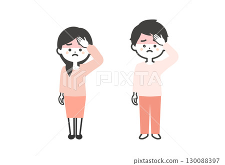 3-headed illustration of a man and woman holding their foreheads 3-headed illustration of a man and woman holding their foreheads 130088397