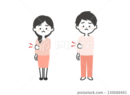 3-headed illustration of a man and woman holding their elbows 130088401