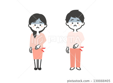 一男一女三頭插畫,分別摀著肚子 一男一女三頭插畫,分別摀著肚子 130088405